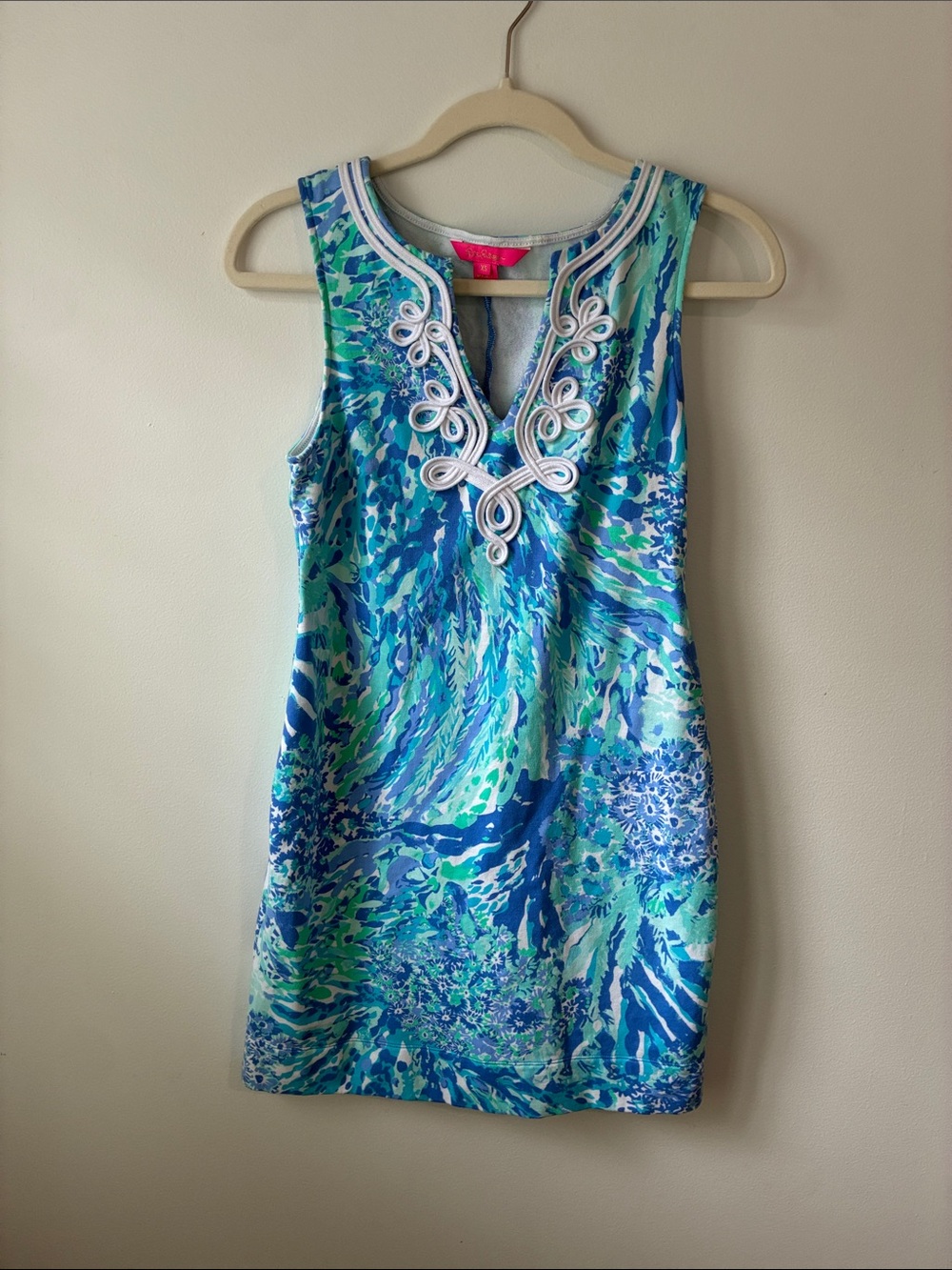 Lilly Pulitzer Blue & Turquoise Sleeveless Printed Shift Dress with White Trim